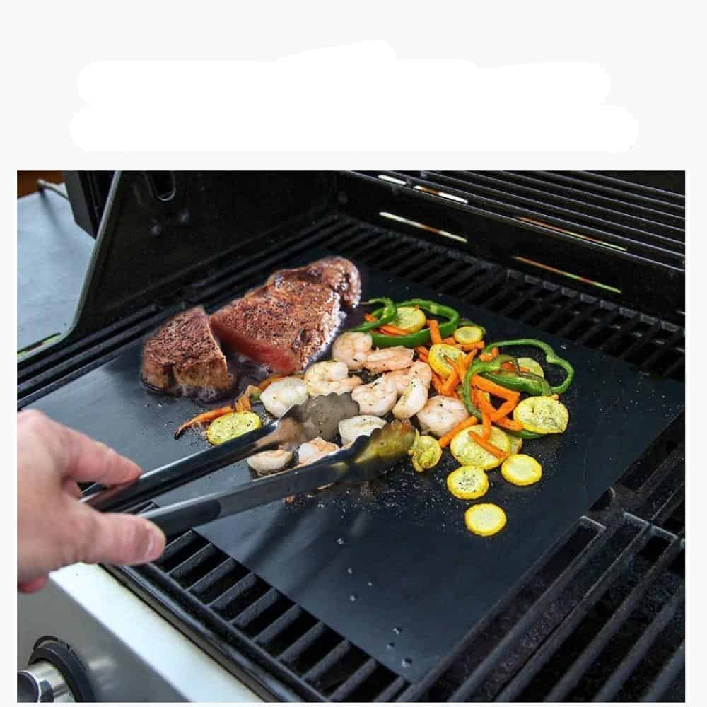 A tray of food on a grill